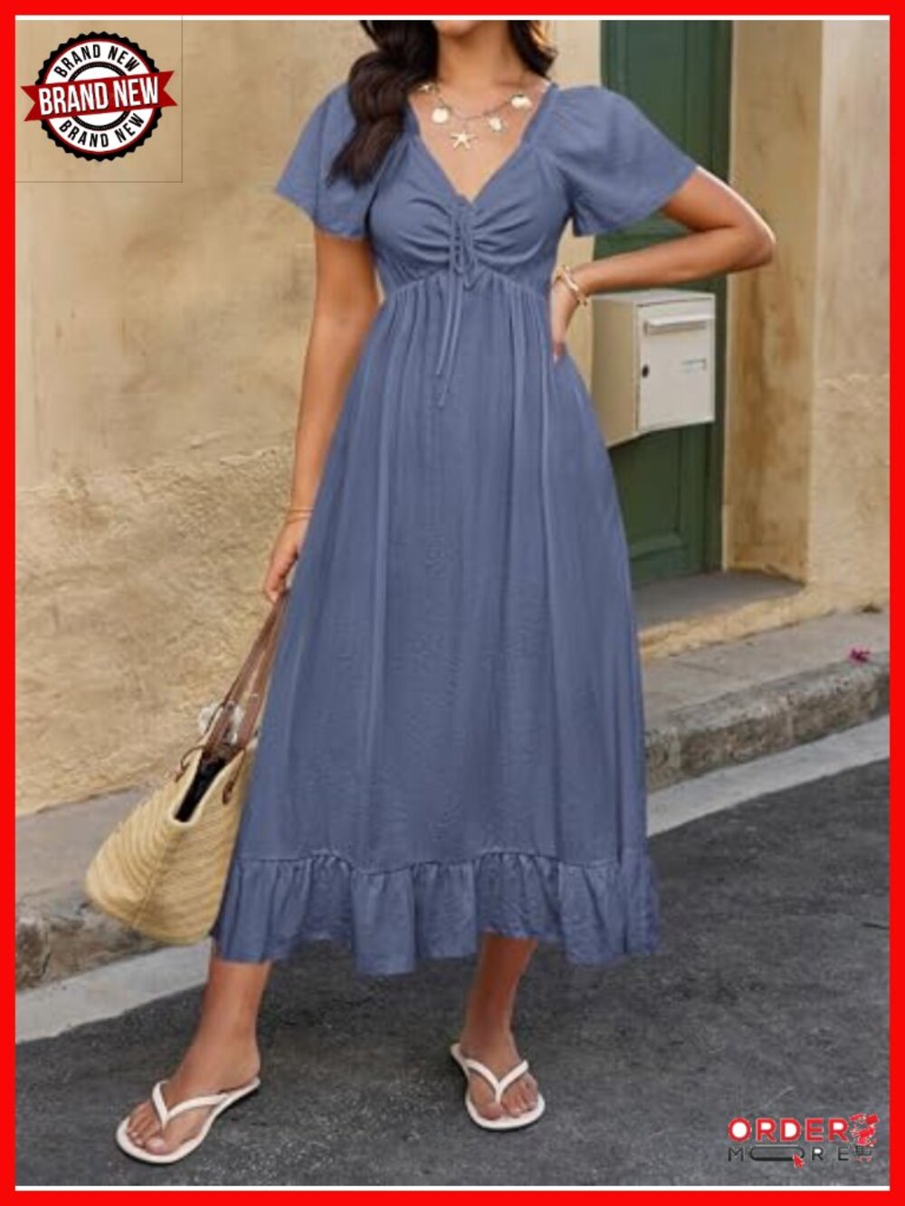 Short Sleeve V Neck Maxi Dress with Pockets - Picture 5 of 6